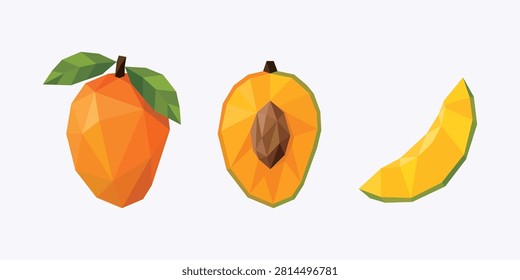 Low Poly Mango Vector Set – Whole Mango, Mango Half and Mango Slices Geometric Polygon Tropical Fruit Collection