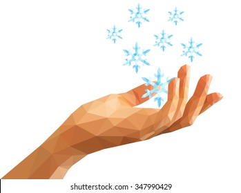 low poly many snowflakes on the open hand