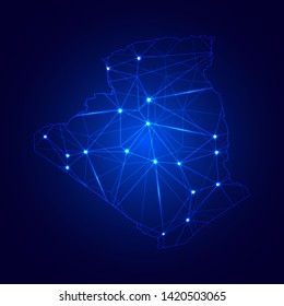 Low poly map of Algeria with lights, communication, trendy triangles design. Wire frame concept.