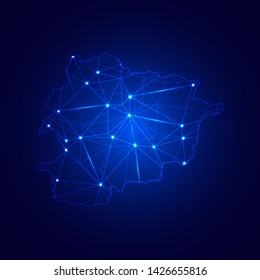 Low poly map of Andorra with lights, communication, trendy triangles design. Wire frame concept.