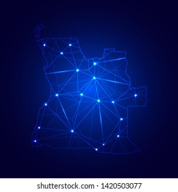 Low poly map of Angola with lights, communication, trendy triangles design. Wire frame concept.