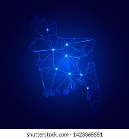 Low poly map of Bangladesh with lights, communication, trendy triangles design. Wire frame concept.