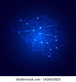 Low poly map of Belgium with lights, communication, trendy triangles design. Wire frame concept.