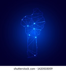 Low poly map of Benin with lights, communication, trendy triangles design. Wire frame concept.