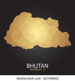 Low poly map of Bhutan. Gold Polygonal shape on black background. Vector illustration eps 10.
