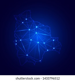 Low poly map of Bolivia with lights, communication, trendy triangles design. Wire frame concept.