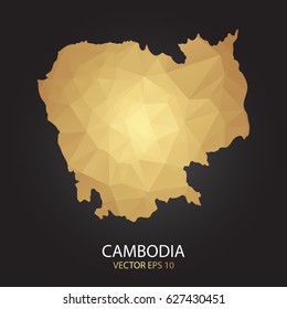 Low poly map of Cambodia. Gold Polygonal shape on black background. Vector illustration eps 10.