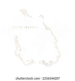Mapa bajo de poli de las islas Cocos. Mazo de cables polígono dorado. Vector de brillo con partículas de oro sobre fondo blanco. Ilustración vectorial eps 10.