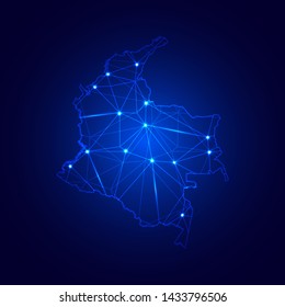 Low poly map of Colombia with lights, communication, trendy triangles design. Wire frame concept.