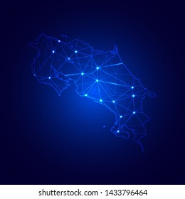 Low poly map of Costa Rica with lights, communication, trendy triangles design. Wire frame concept.