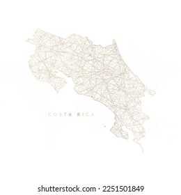 Low poly map of Costa Rica. Gold polygonal wireframe. Glittering vector with gold particles on white background. Vector illustration eps 10.