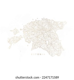 Mapa de baja graduación de Estonia. Mazo de cables polígono dorado. Vector de brillo con partículas de oro sobre fondo blanco. Ilustración vectorial eps 10.