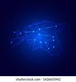 Low poly map of Estonia with lights, communication, trendy triangles design. Wire frame concept.