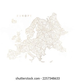 Low poly map of Europe Continent. Gold polygonal wireframe. Glittering vector with gold particles on white background. Vector illustration eps 10.