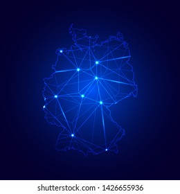 Low poly map of Germany with lights, communication, trendy triangles design. Wire frame concept.