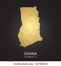 Low poly map of Ghana. Gold Polygonal shape on black background. Vector illustration eps 10.