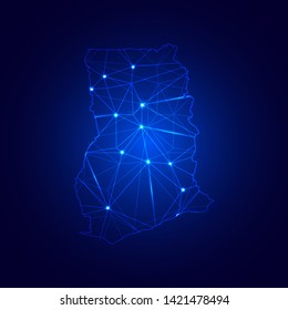 Low poly map of Ghana with lights, communication, trendy triangles design. Wire frame concept.