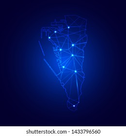 Low poly map of Gibraltar with lights, communication, trendy triangles design. Wire frame concept.