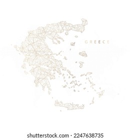 Mapa de baja graduación de Grecia. Mazo de cables polígono dorado. Vector de brillo con partículas de oro sobre fondo blanco. Ilustración vectorial eps 10.