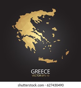 Low poly map of Greece. Gold Polygonal shape on black background. Vector illustration eps 10.