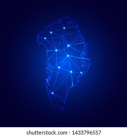 Low poly map of Greenland with lights, communication, trendy triangles design. Wire frame concept.