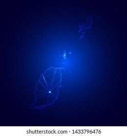 Low poly map of Grenada with lights, communication, trendy triangles design. Wire frame concept.