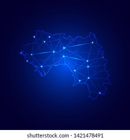 Low poly map of Guinea with lights, communication, trendy triangles design. Wire frame concept.