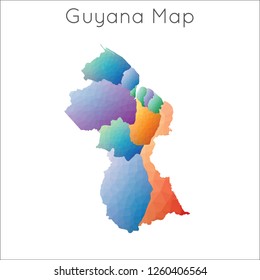 Low poly map of Guyana in a geometric polygonal, mosaic style.
