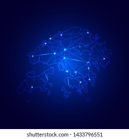 Low poly map of Hong Kong with lights, communication, trendy triangles design. Wire frame concept.