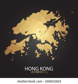 Low poly map of Hong Kong. Gold Polygonal shape on black background. Vector illustration eps 10.