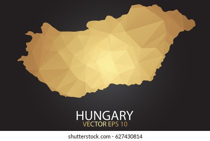 Low poly map of Hungary. Gold Polygonal shape on black background. Vector illustration eps 10.