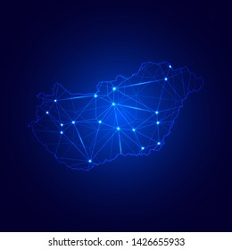 Low poly map of Hungary with lights, communication, trendy triangles design. Wire frame concept.