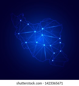 Low poly map of Iran with lights, communication, trendy triangles design. Wire frame concept.