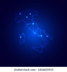 Low poly map of Italy with lights, communication, trendy triangles design. Wire frame concept.