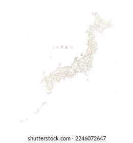 Low poly map of Japan. Gold polygonal wireframe. Glittering vector with gold particles on white background. Vector illustration eps 10