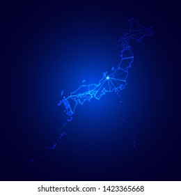 Low poly map of Japan with lights, communication, trendy triangles design. Wire frame concept.