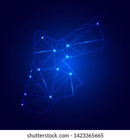 Low poly map of Jordan with lights, communication, trendy triangles design. Wire frame concept.