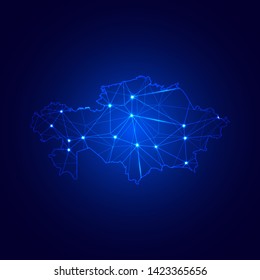 Low poly map of Kazakhstan with lights, communication, trendy triangles design. Wire frame concept.
