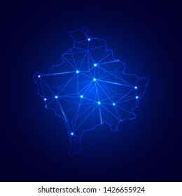 Low poly map of Kosovo with lights, communication, trendy triangles design. Wire frame concept.