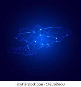 Low poly map of Kyrgyzstan with lights, communication, trendy triangles design. Wire frame concept.