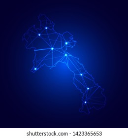 Low poly map of Laos with lights, communication, trendy triangles design. Wire frame concept.