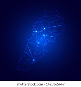 Low poly map of Lebanon with lights, communication, trendy triangles design. Wire frame concept.