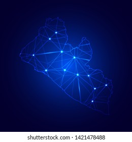 Low poly map of Liberia with lights, communication, trendy triangles design. Wire frame concept.