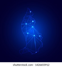 Low poly map of Liechtenstein with lights, communication, trendy triangles design. Wire frame concept.