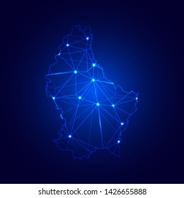 Low poly map of Luxembourg with lights, communication, trendy triangles design. Wire frame concept.