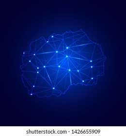 Low poly map of Macedonia with lights, communication, trendy triangles design. Wire frame concept.