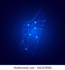 Low poly map of Madagascar with lights, communication, trendy triangles design. Wire frame concept.