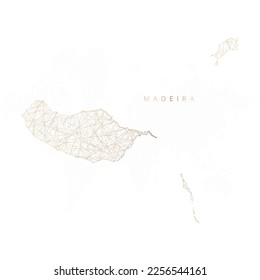 Low poly map of Madeira. Gold polygonal wireframe. Glittering vector with gold particles on white background. Vector illustration eps 10.