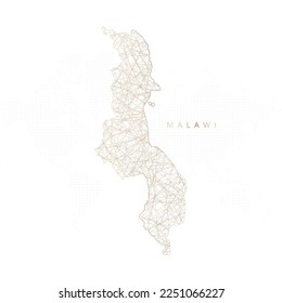 Low-Poly-Karte von Malawi. Goldpolygonaler Wireframe Glitzende Vektorgrafik mit goldenen Partikeln auf weißem Hintergrund. Vektorgrafik eps10.