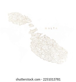 Mapa de baja polilla de Malta. Mazo de cables polígono dorado. Vector de brillo con partículas de oro sobre fondo blanco. Ilustración vectorial eps 10.